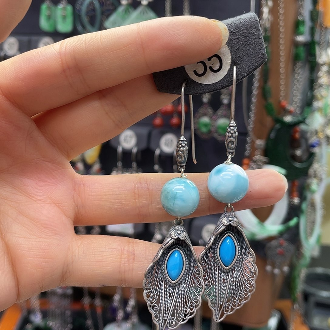 银S925镶嵌针钠钙石（海纹石）耳饰啾*咪929ghngg