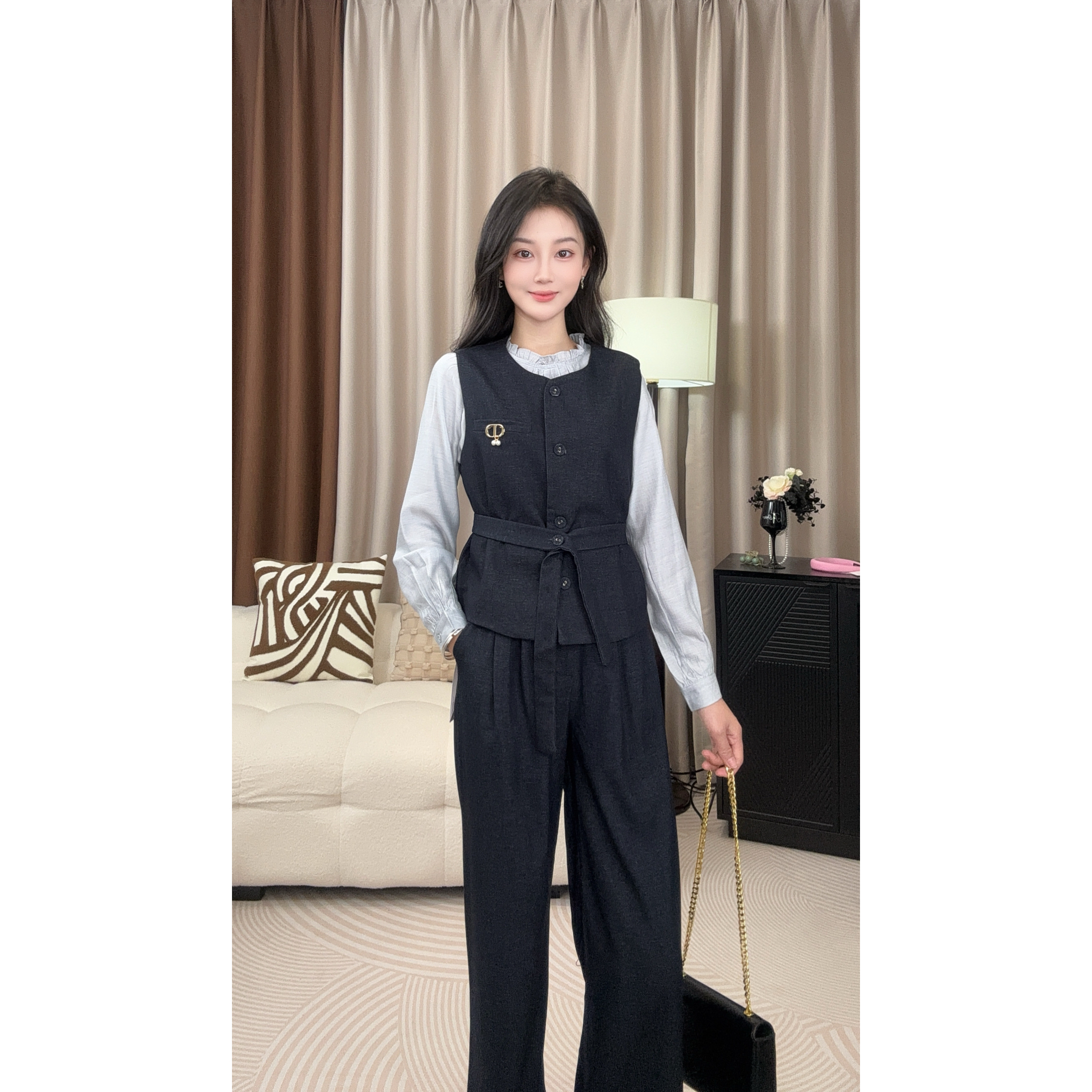 X'XIAO 秋季木耳边衬衫老钱风马甲阔腿裤子三件套女