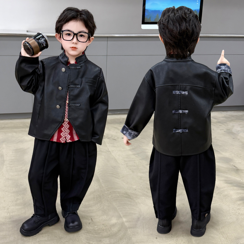 童装中式潮唐装男童春季皮衣外套春秋儿童皮夹克宝宝痞帅洋气黑色