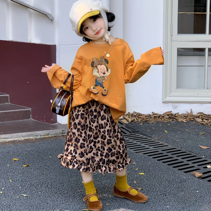 2025秋季新款女童卡通宽松长袖T恤豹纹半身裙两件套儿童秋装套装