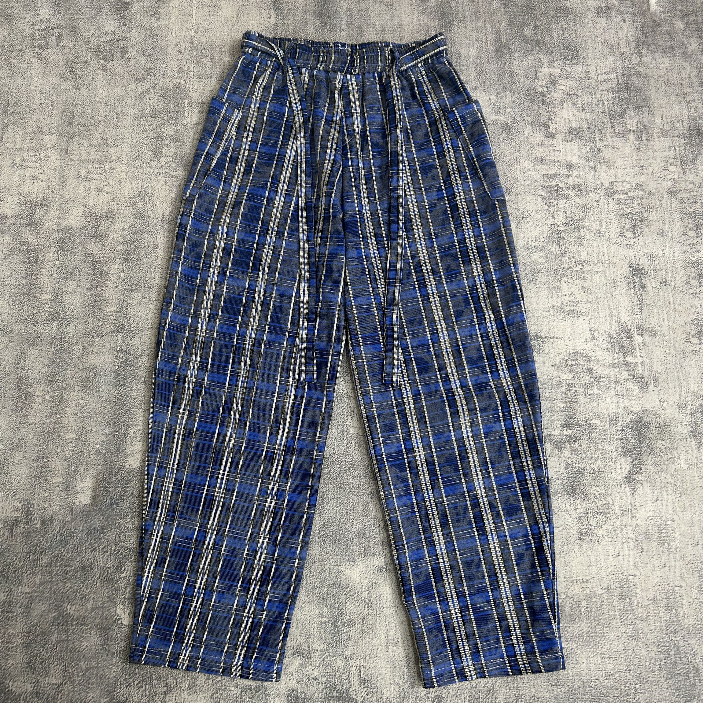 黑洞之眼第12季新款 重磅洗水扎染做旧慵懒松弛宽松休闲蓝格子裤