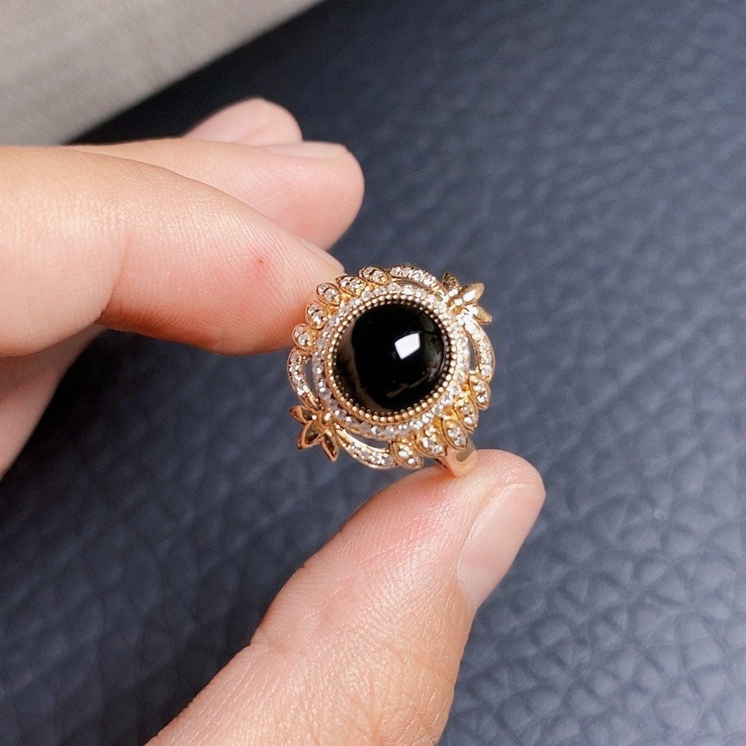 定制翡翠18K金镶嵌墨翠女戒