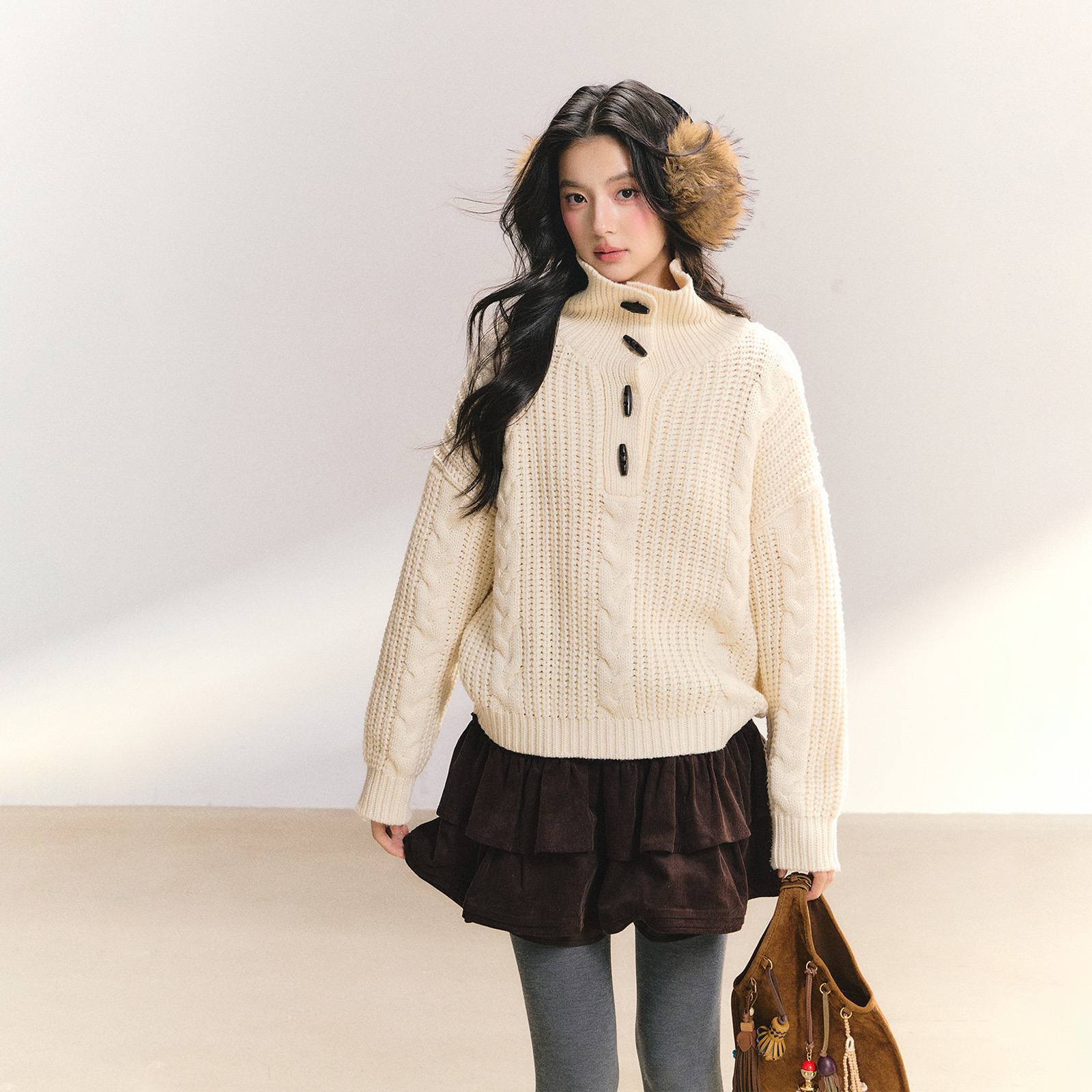 FPMZ联名ANDN【麦穗黄昏】牛角扣粗针复古绞花翻领毛衣冬女针织衫