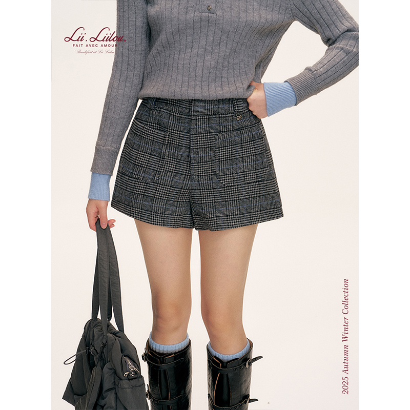 Liilou 慵懒休闲 羊毛混纺 百搭高腰撞色格子毛呢A字短裤