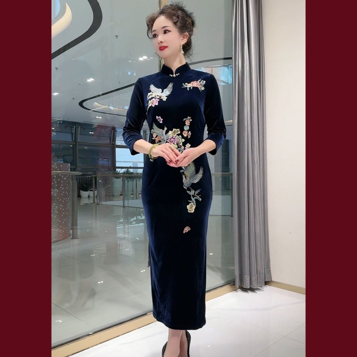 春秋冬新款金丝绒高档日常宴会旗袍显瘦喜婆婆新国风绣花长款旗袍