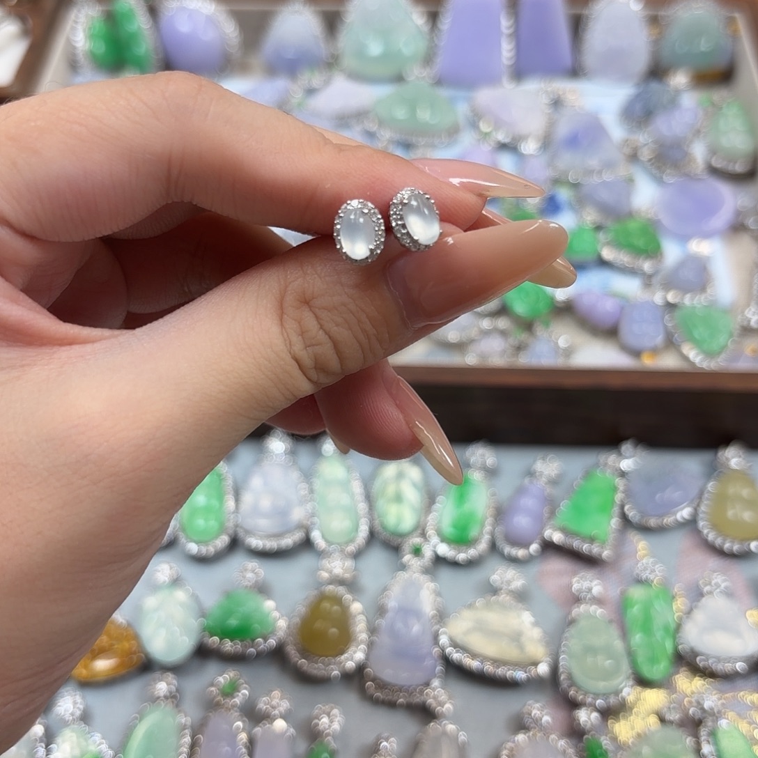 翡翠银S925镶嵌耳钉