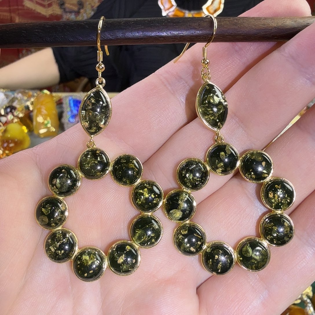 琥珀银S925镀金镶嵌耳环