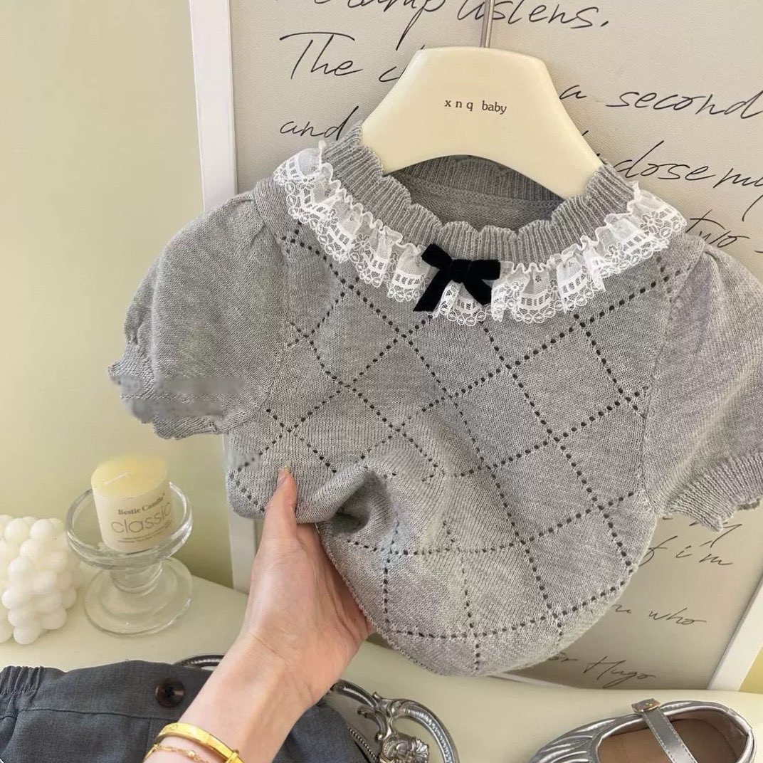 女童短袖夏装薄款2025百褶裙套装儿童洋气蕾丝小香风上衣套头外穿