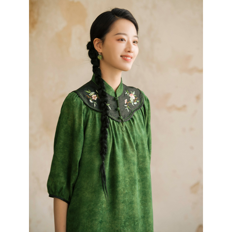 蘭襟【伴地莲】透孔罗缎面香云纱手绣宽松长袍连衣裙中国风日常