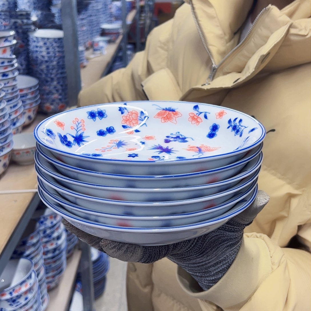 瓷片8英寸釉里红蝶恋花深盘6个