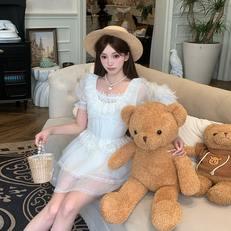 【云端梦境】法式少女感蕾丝泡泡袖上衣高腰短裙套装27169