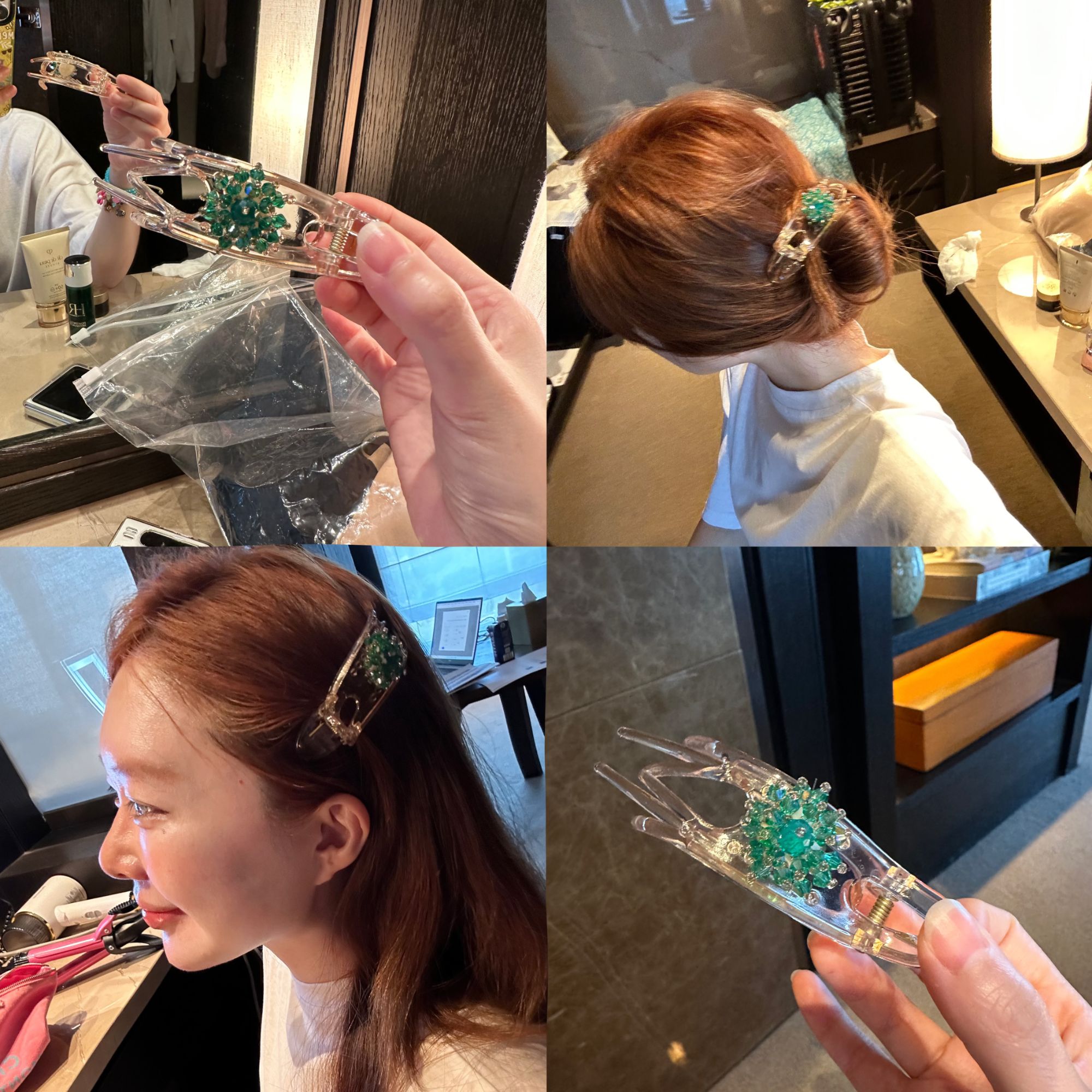 【BOROKOO】【吉莉】韩国代购 绿色颗粒串珠白色透明抓夹发夹