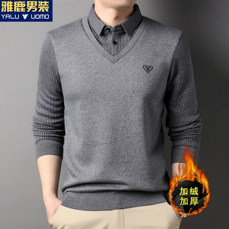 雅鹿男装品质中年男士冬季纯色针织衫毛衣打底衫休闲百搭翻领