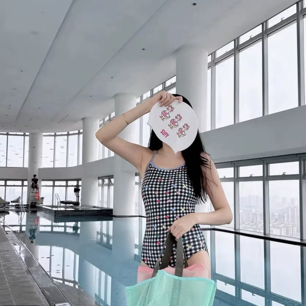 【小熊软糖】格子印花连体泳衣女交叉露背显瘦竞技训练游泳衣成人