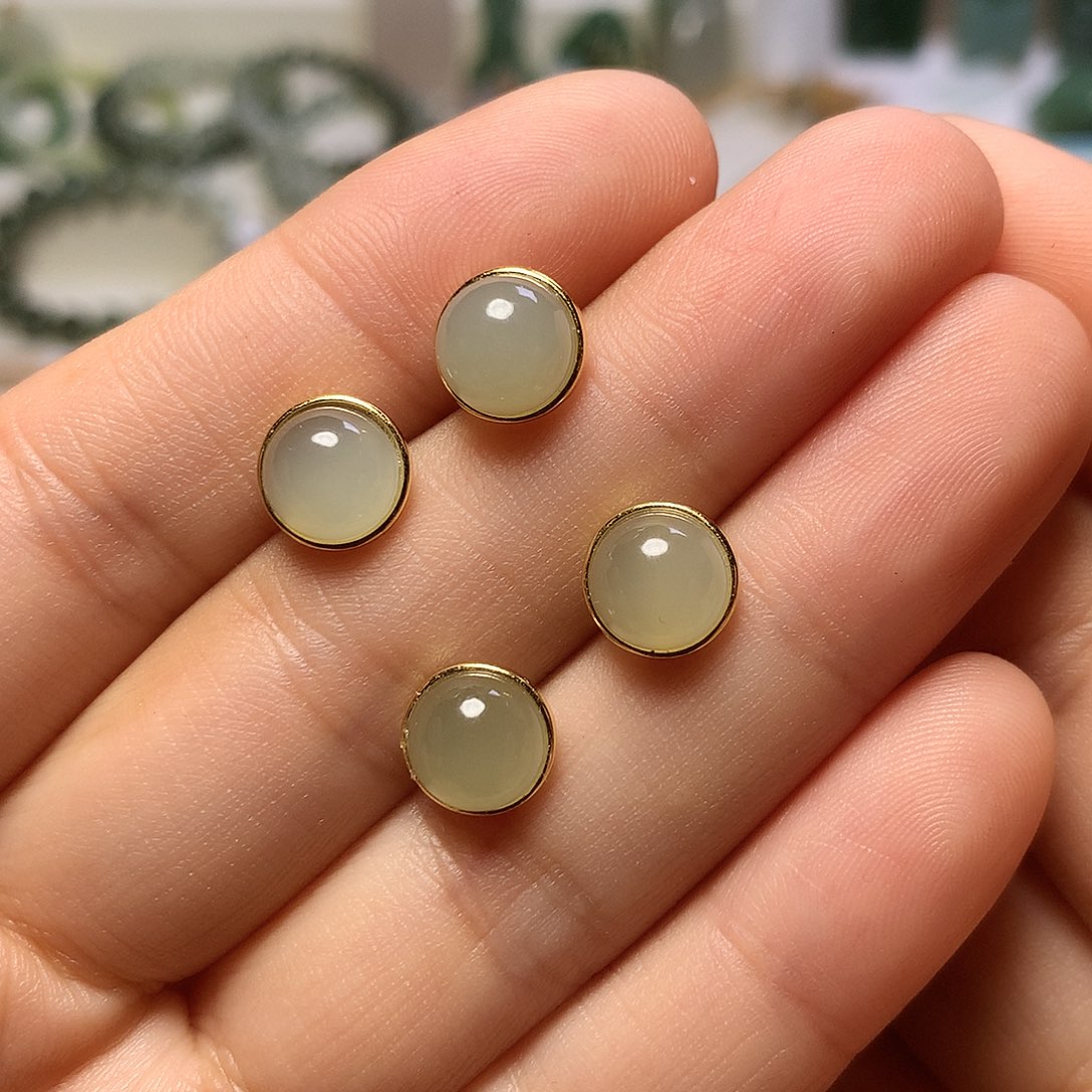 银S925镀金镶嵌和田玉（青白玉）耳饰