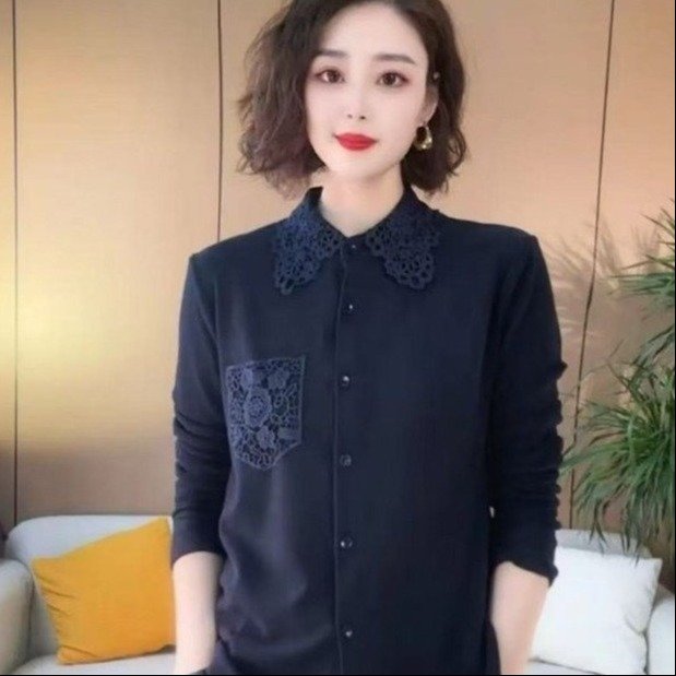 2025新款拼接衬衫长袖钩花蕾丝衬衣上衣显瘦气质翻领双面绒打底衫