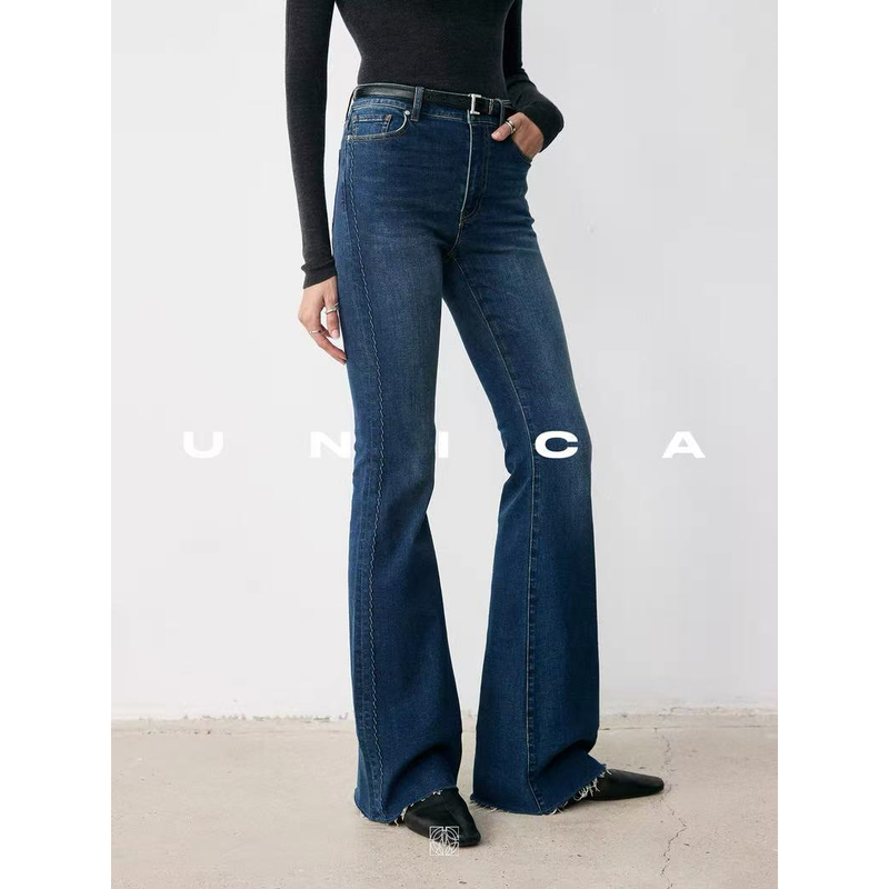 UNICA/浮雕立体绣花秋冬显瘦大长腿百搭弹力棉毛边微喇牛仔裤