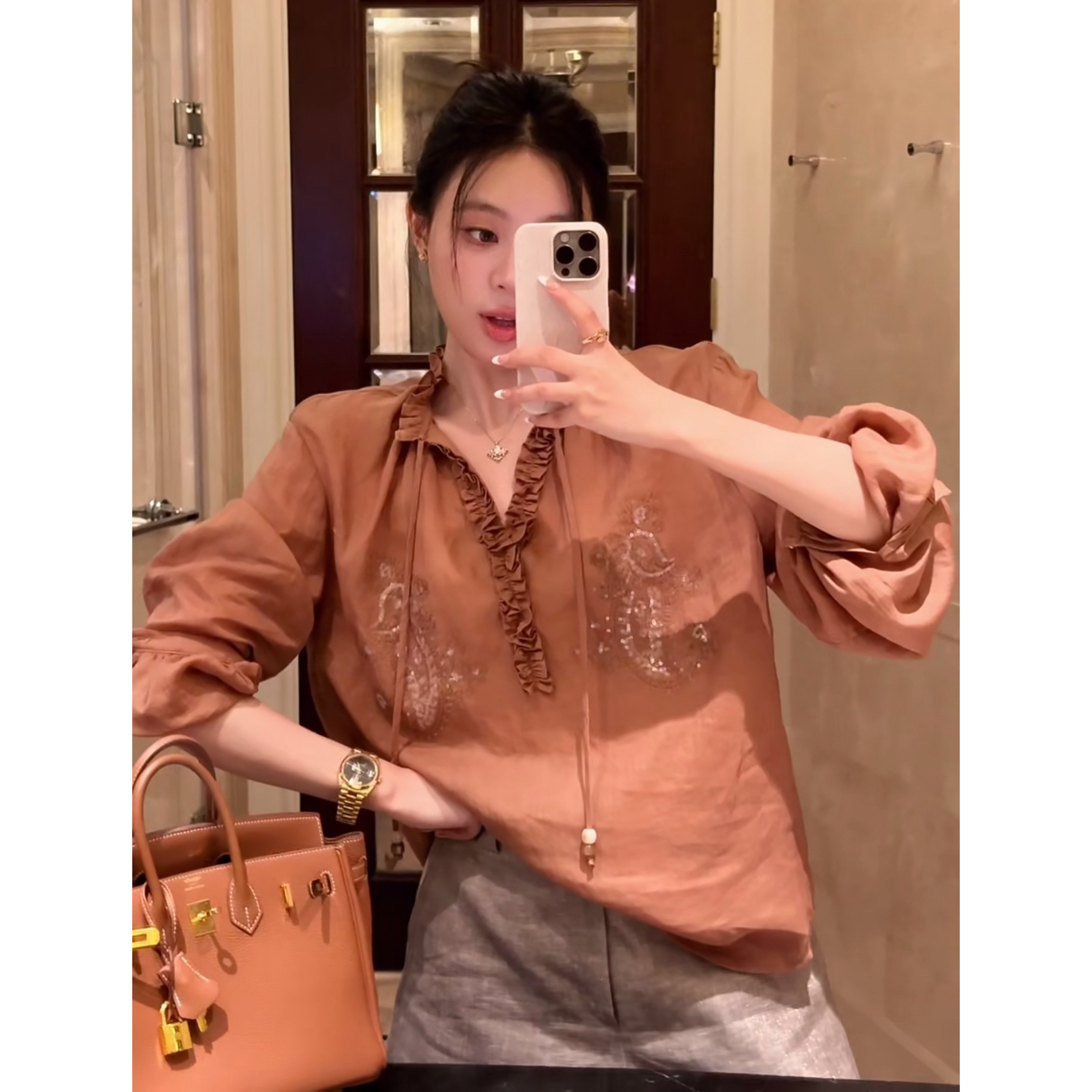 苎麻+棉】2025夏季重工复古亮片木耳边系带长袖衬衫女新款宽松上衣