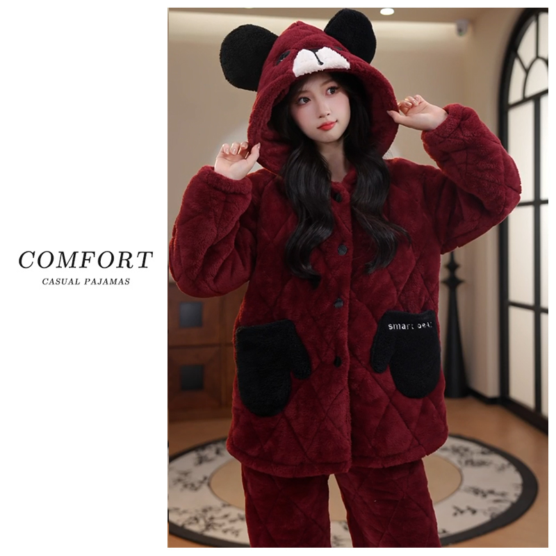 三层夹棉睡衣珊瑚绒女士加绒加厚高颜值保暖法兰绒连帽家居服套装