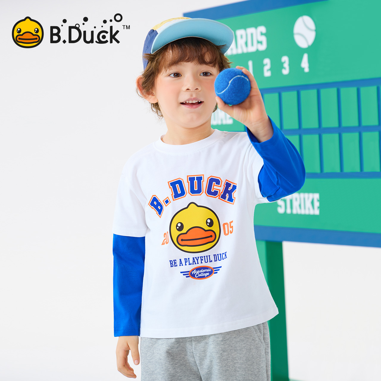 B.Duck小黄鸭童装儿童长袖T恤男童2025春秋季新款圆领纯棉打底衫