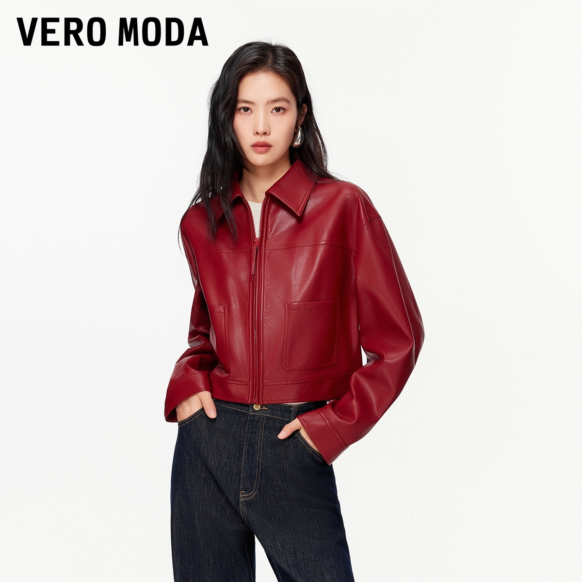 Vero Moda短外套女2026春季新款PU哑光口袋翻领简约百搭326117005