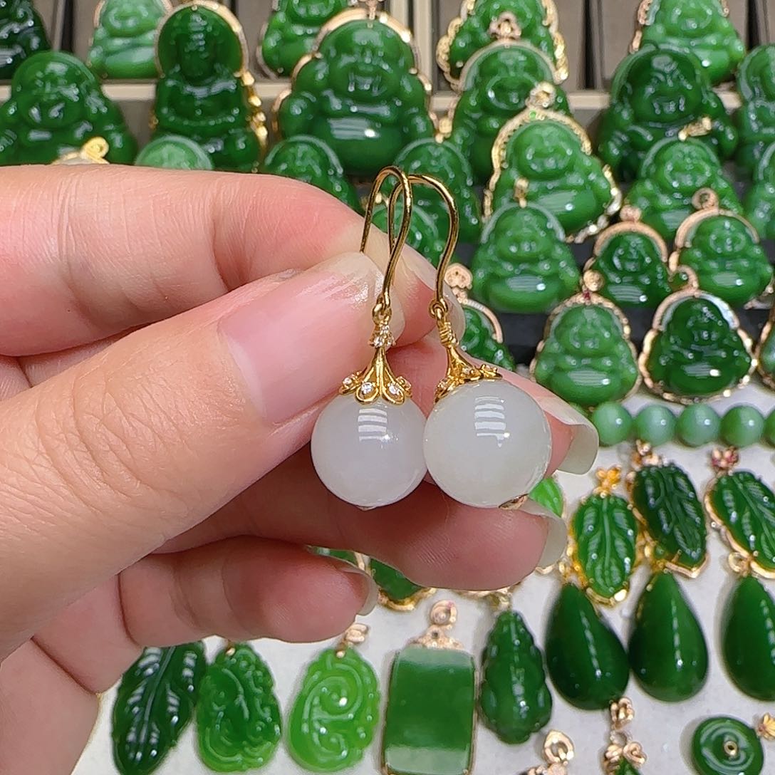 和田玉（白玉）耳饰18K金镶嵌