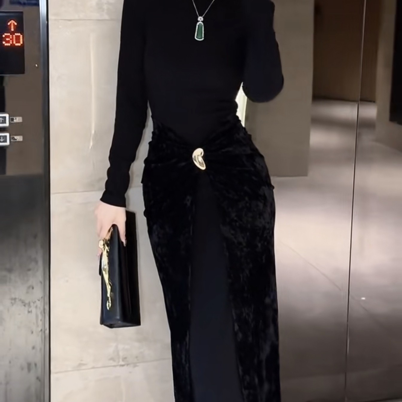 秋季新款假两件丝绒拼接修身显瘦气质连衣裙