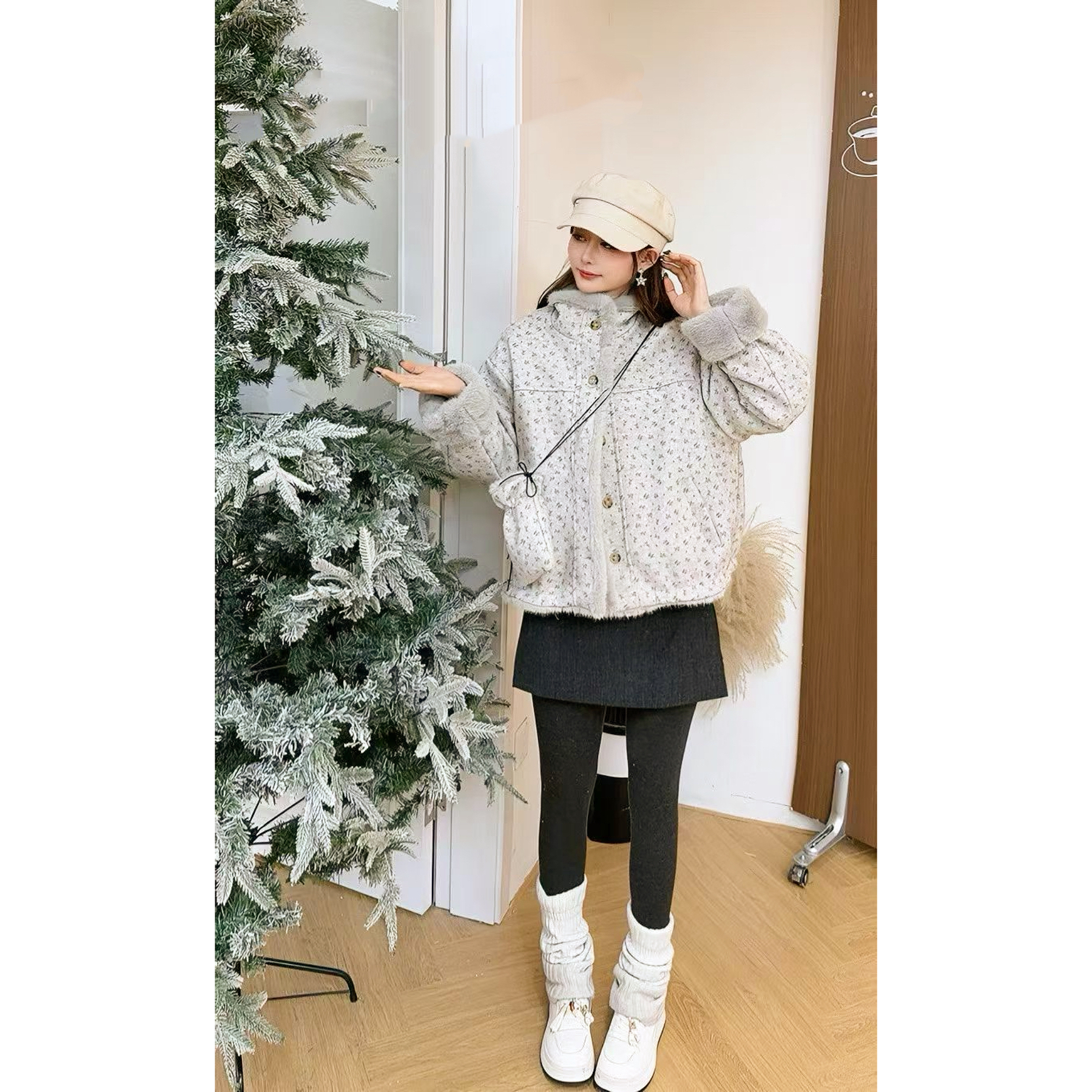 120828-韩系冬季甜美减龄碎花立领加绒保暖毛毛短外套带包包