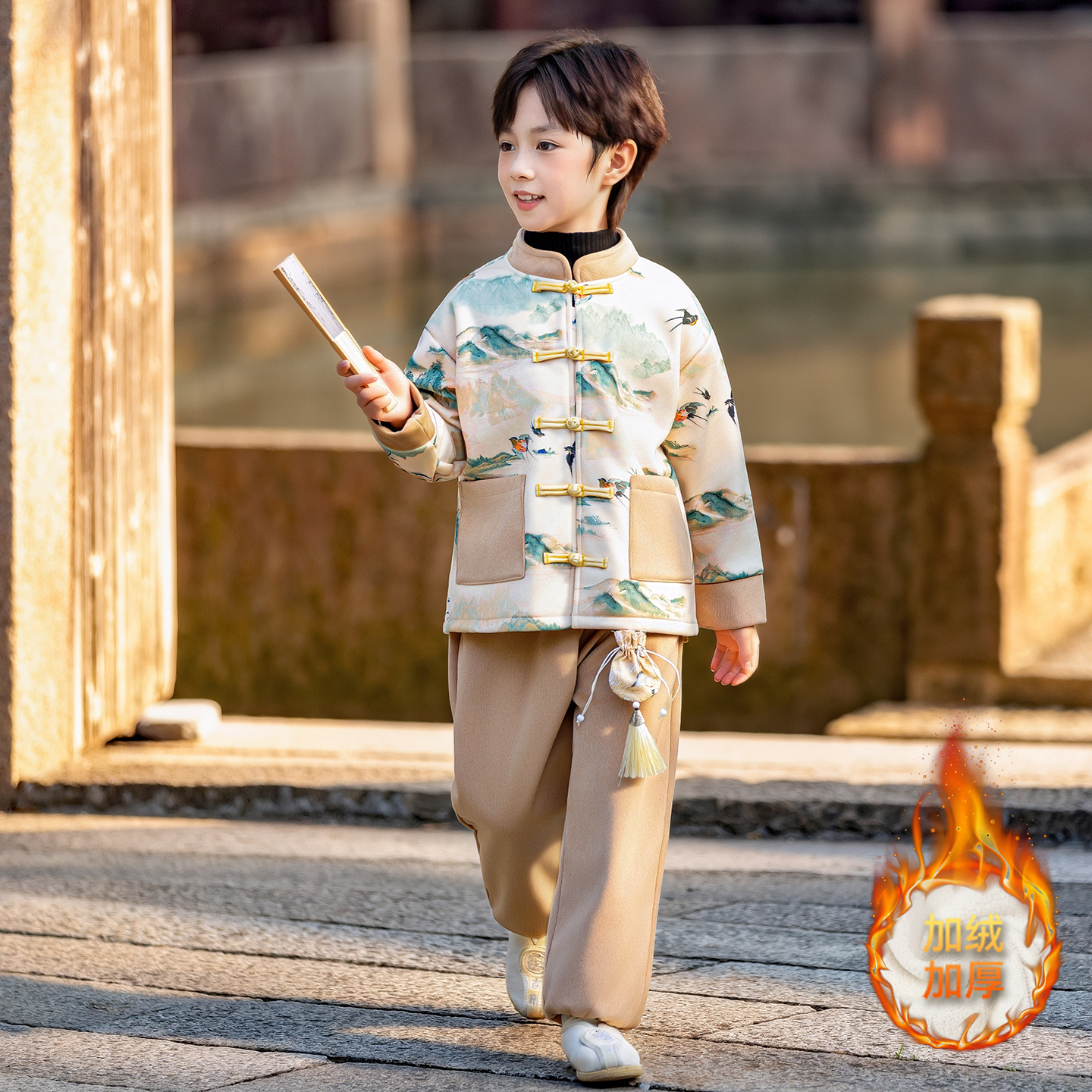 男童加绒新中式国风汉服套装秋冬复古儿童加厚演出服唐装中国风