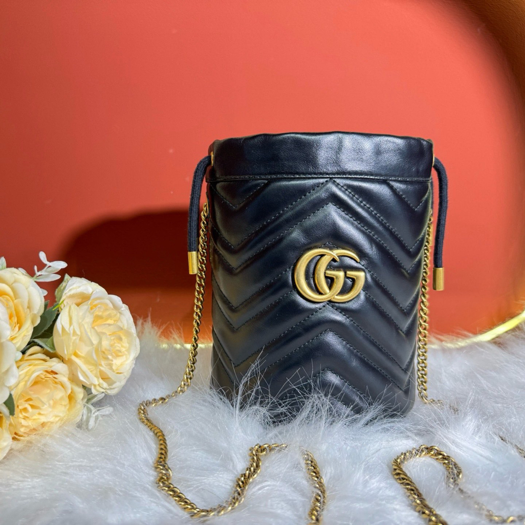 95新 GUCCI/古驰 黑金马蒙水桶包