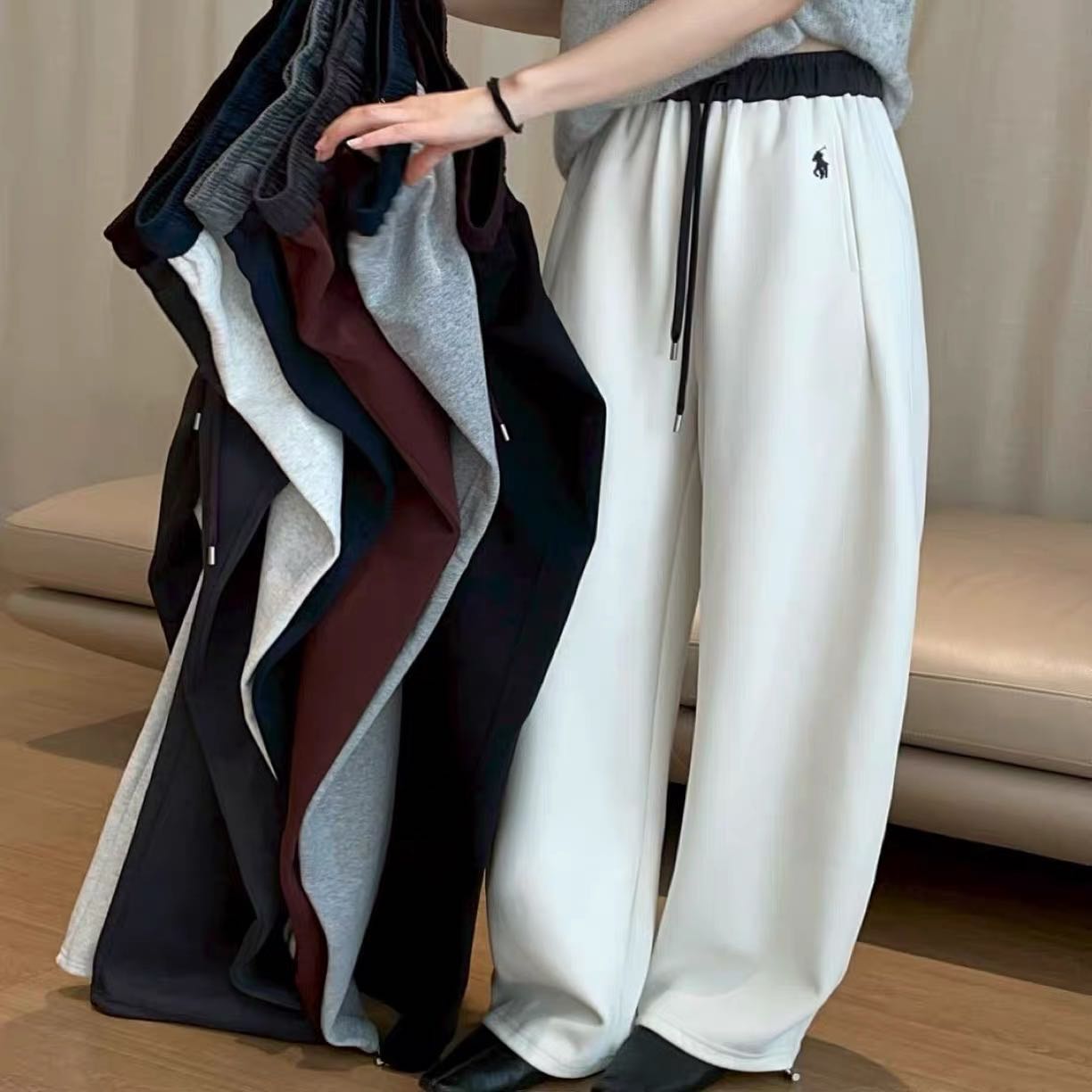 战马高端线加绒加厚梭织撞色腰抽绳毛圈阔腿裤10772