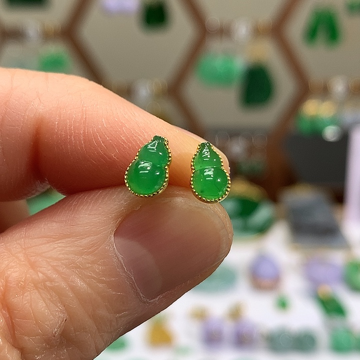 翡翠18K金镶嵌耳饰天然翡翠天然翡翠