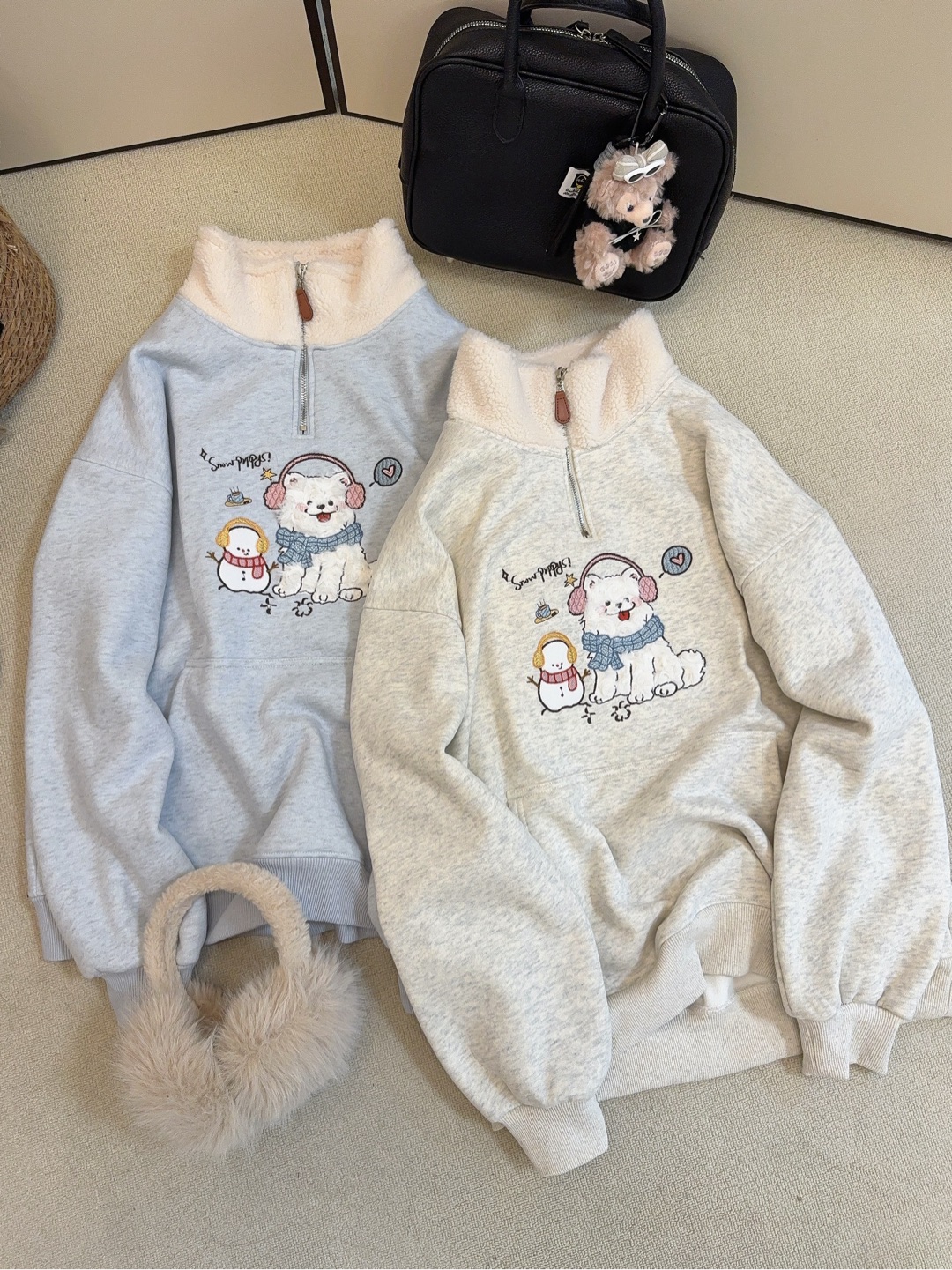 0229【冬季新款】胸前可爱西高地小雪人韩系半拉链高领卫衣（6501）