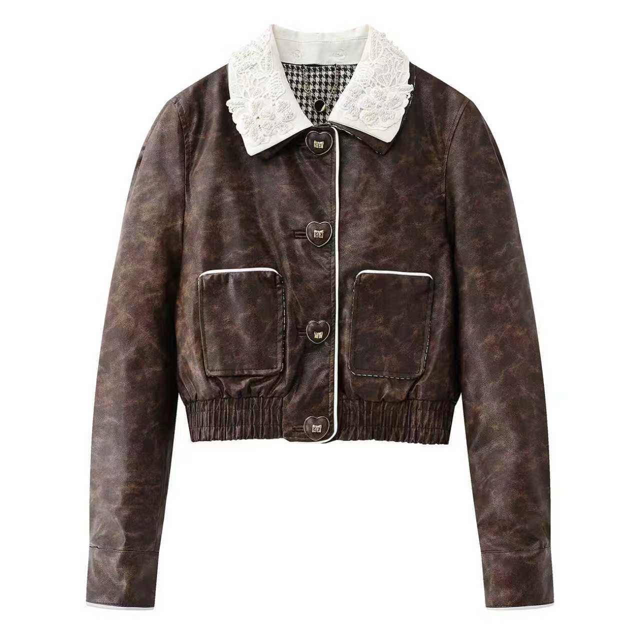 【Q071】2025冬季咖色外套复古钉珠翻领撞色皮夹克女冬短款上衣女士