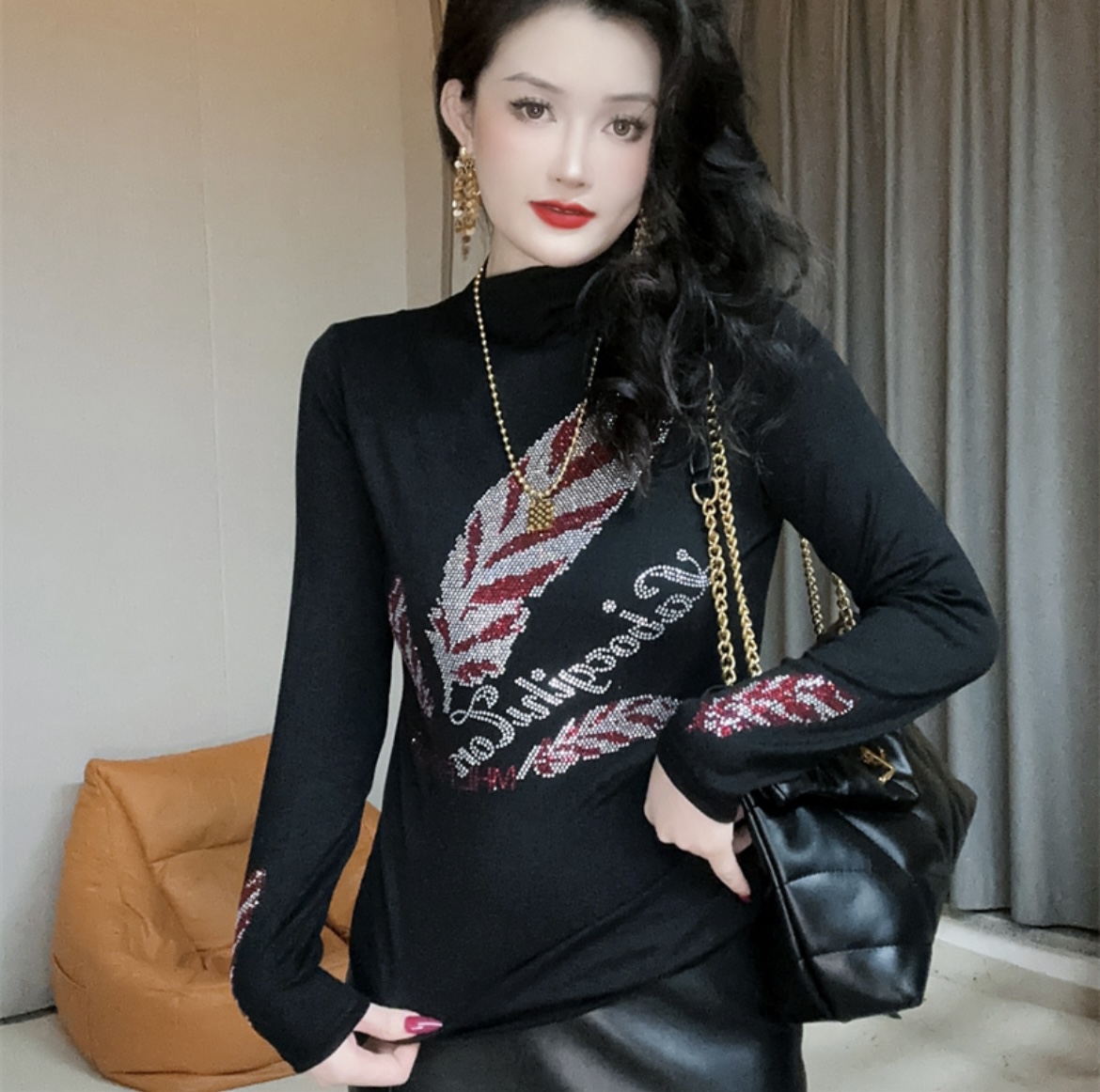 树叶百搭烫钻重工洋气长袖黑色时尚打底衫