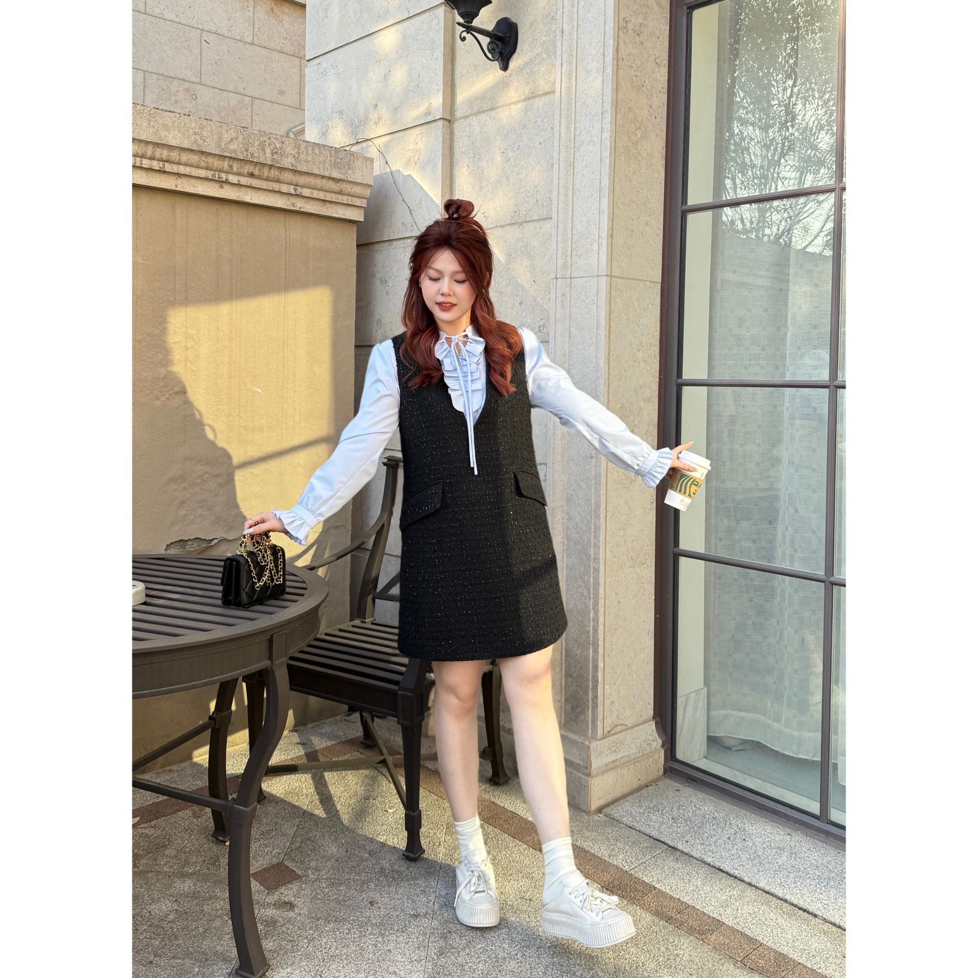 楠序迪迪微胖女装2025春季新款时尚减龄衬衫背心裙两件套DD10112