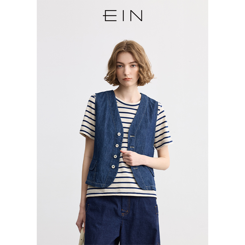 EIN/言轻行牛仔V领明线设计棉麻休闲马甲背心女装2025春夏新款