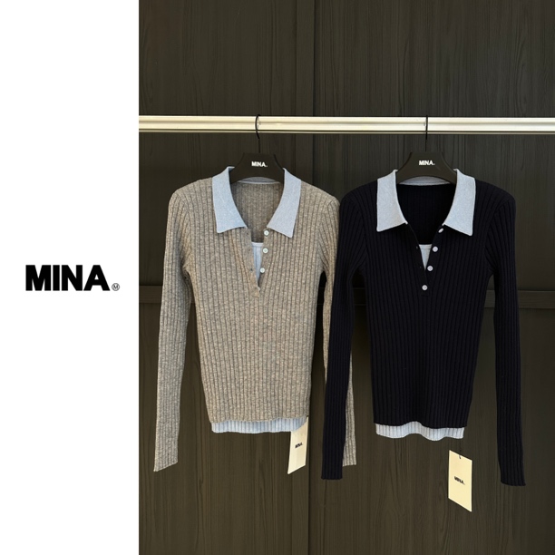 【MINA】Polo领毛织衫假两件简约气质