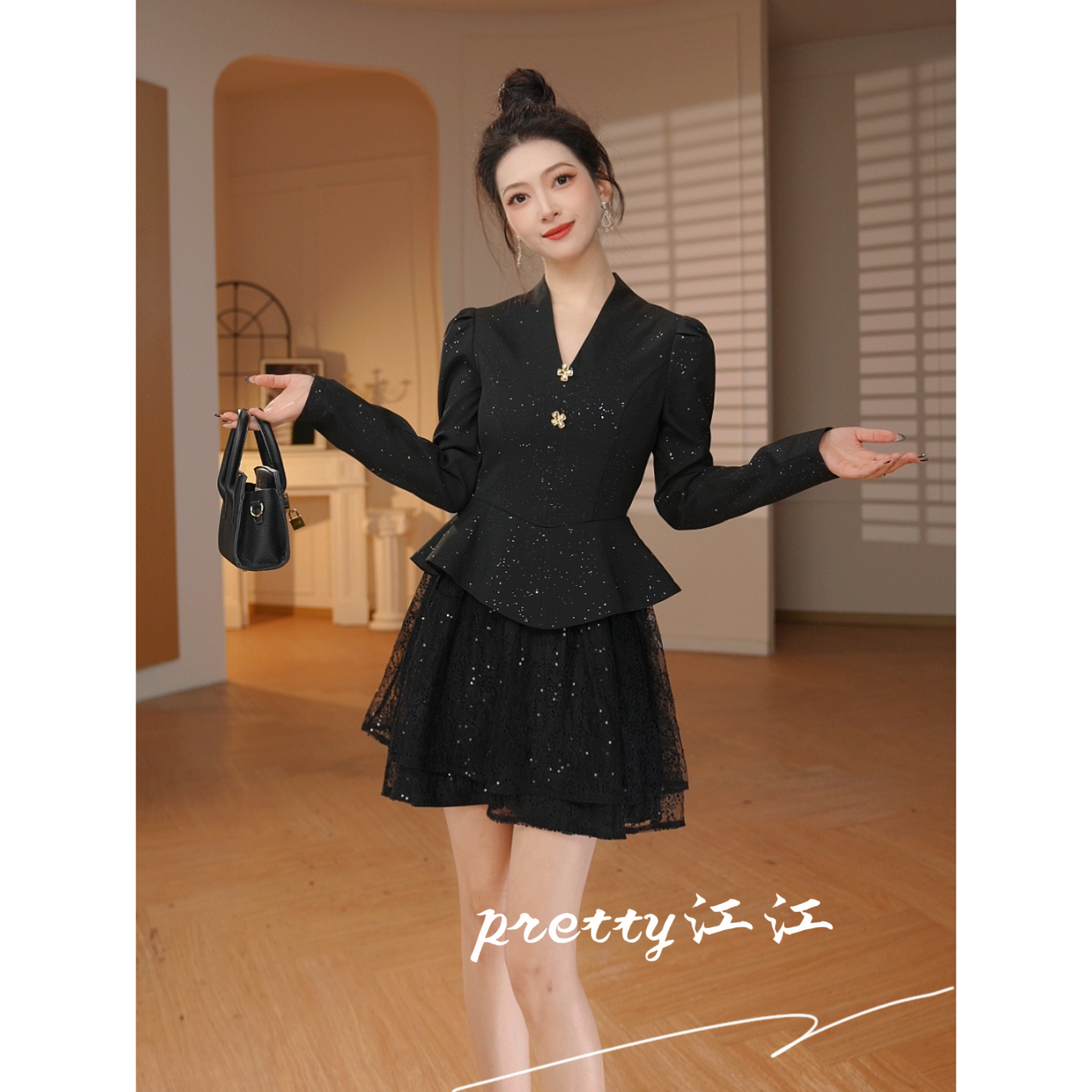 Pretty小众设计师品牌江江定制  气质修身时尚蕾丝v领连衣裙9152