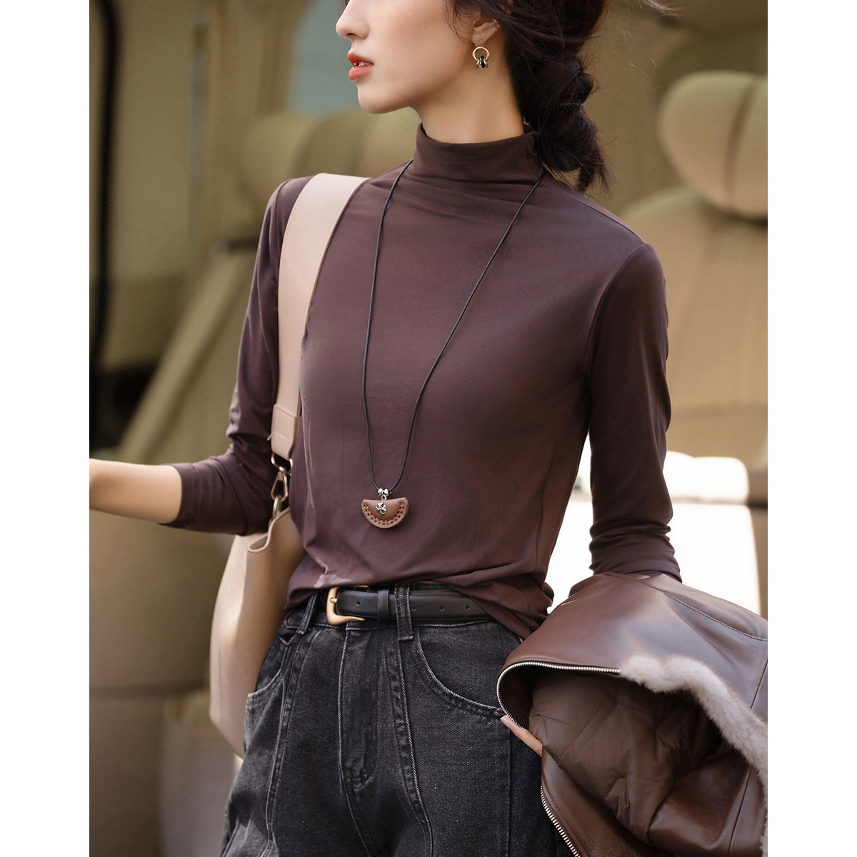 【瑞莎专属】德·玛纳温柔面膜T】季通勤半高领正肩打底衫高弹包容t恤