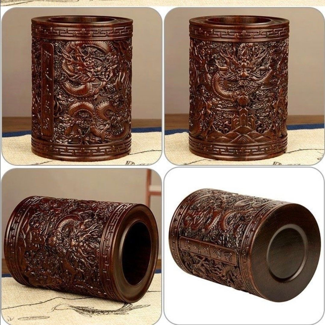 黑檀木笔筒雕刻工艺品办公室书桌家居客厅木质笔筒摆件创意送礼