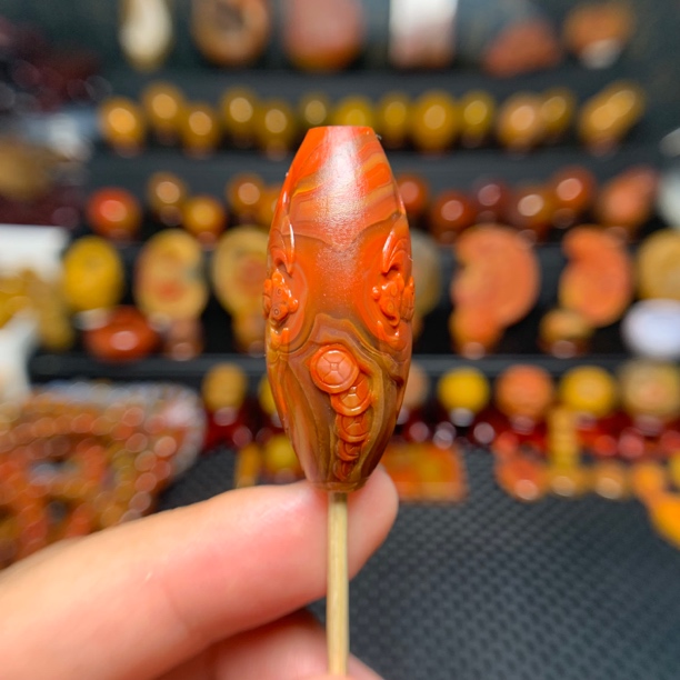 天然原矿战国红桶珠雕刻【双福临门】双天眼47×18mm