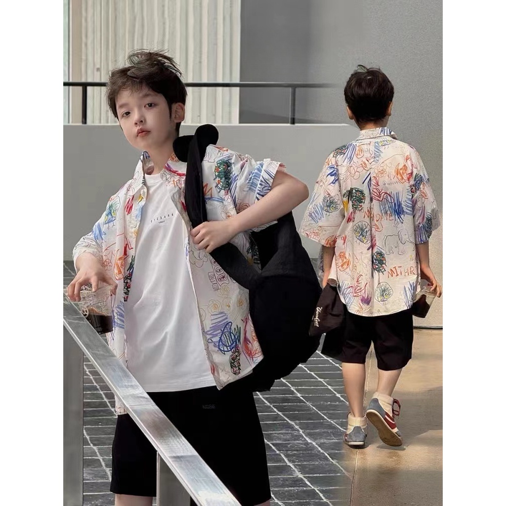 儿童2025夏季新款洋气涂鸦百搭衬衫(尺码偏大-按身高拍)B2519