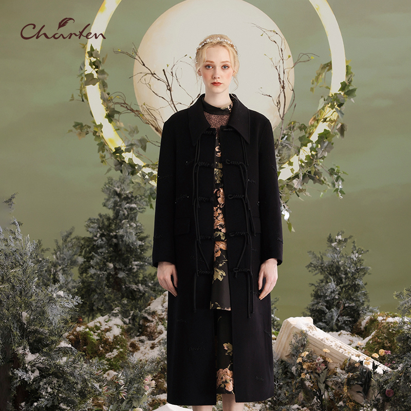 【达人专属】朝峰2023年冬季新款黑色复古双面大衣CFD5G028-0085A