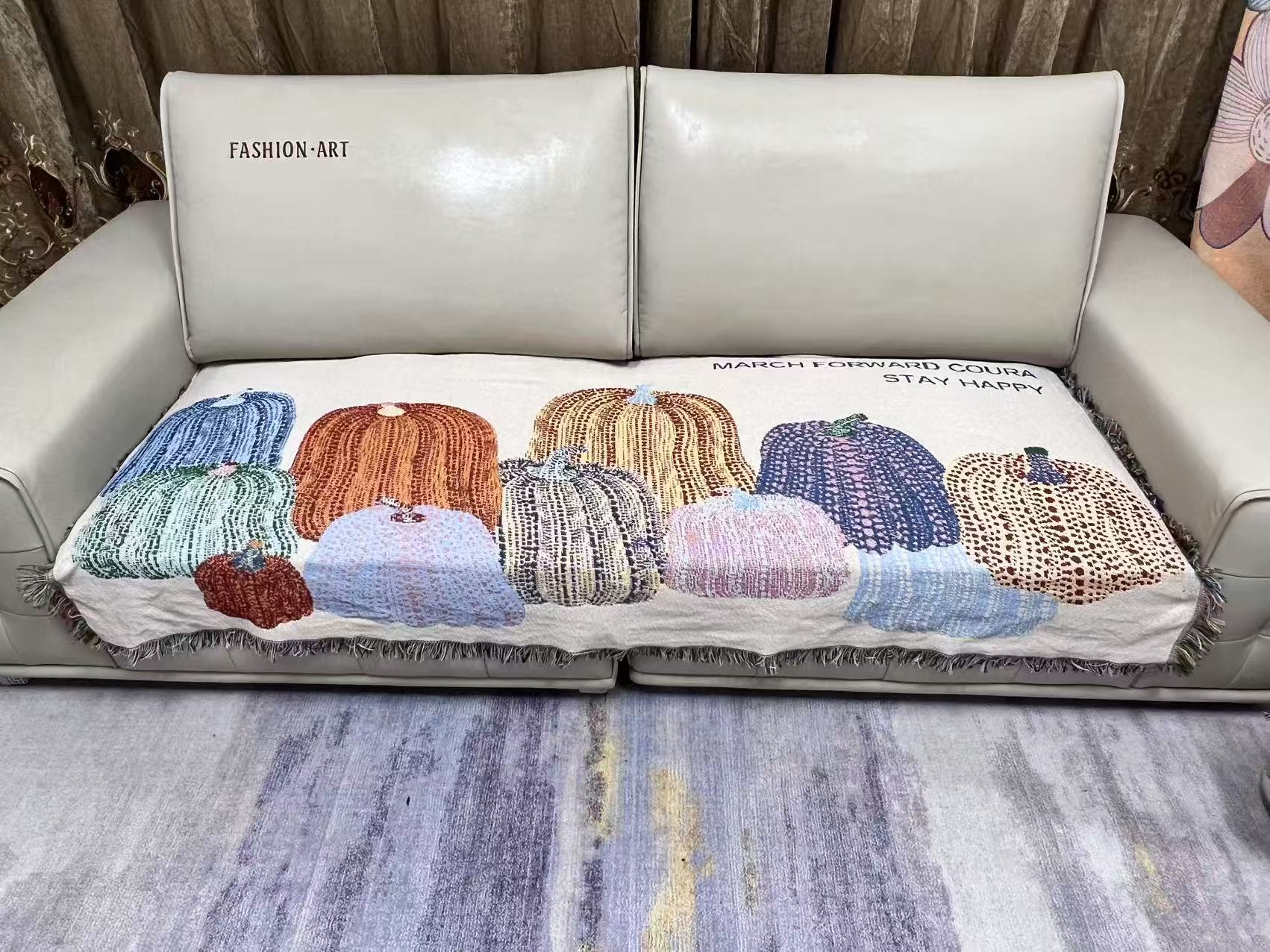 三人90*240（南瓜）四季轻奢流苏防滑多功能沙发巾沙发毯