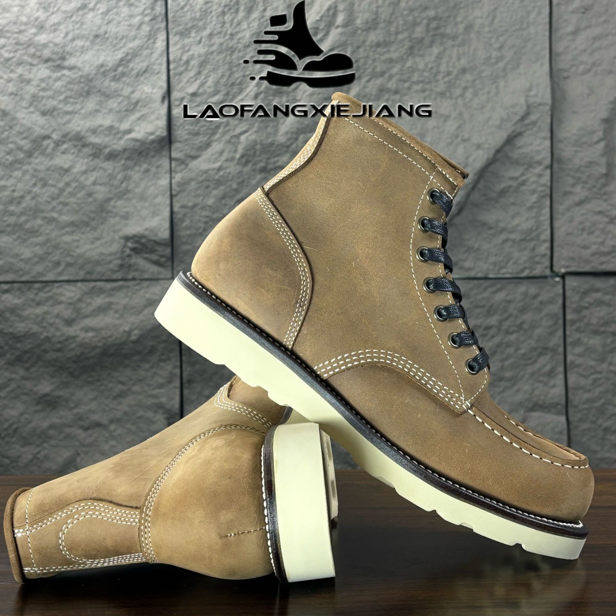 新品F01工装靴S.B.foot油鞣皮浅黄色改款875工装靴橡胶大底软木填