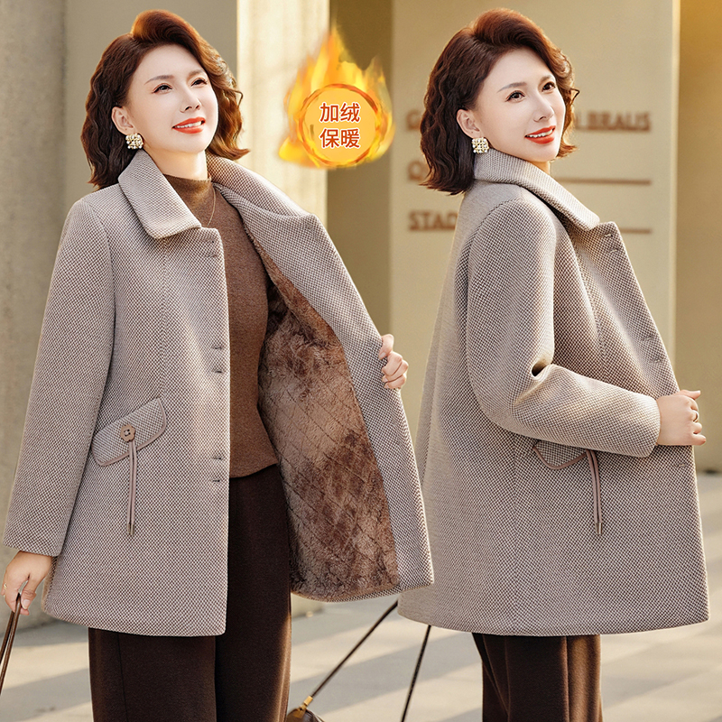 妈妈冬装翻领加绒加厚中长款毛呢外套中老年女装时尚休闲保暖大衣