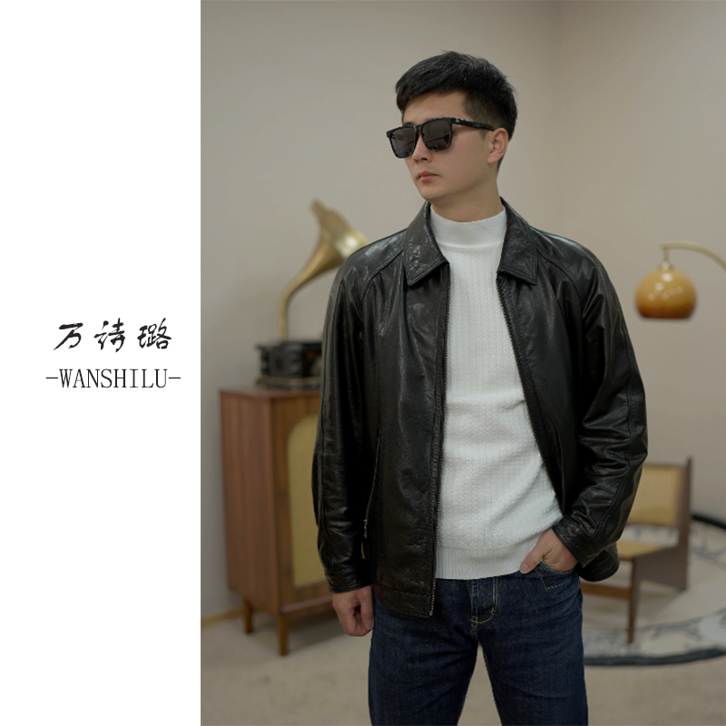 2501新款单款男头层小牛皮衣外套真皮夹克宽松潮流黑色休闲百搭男