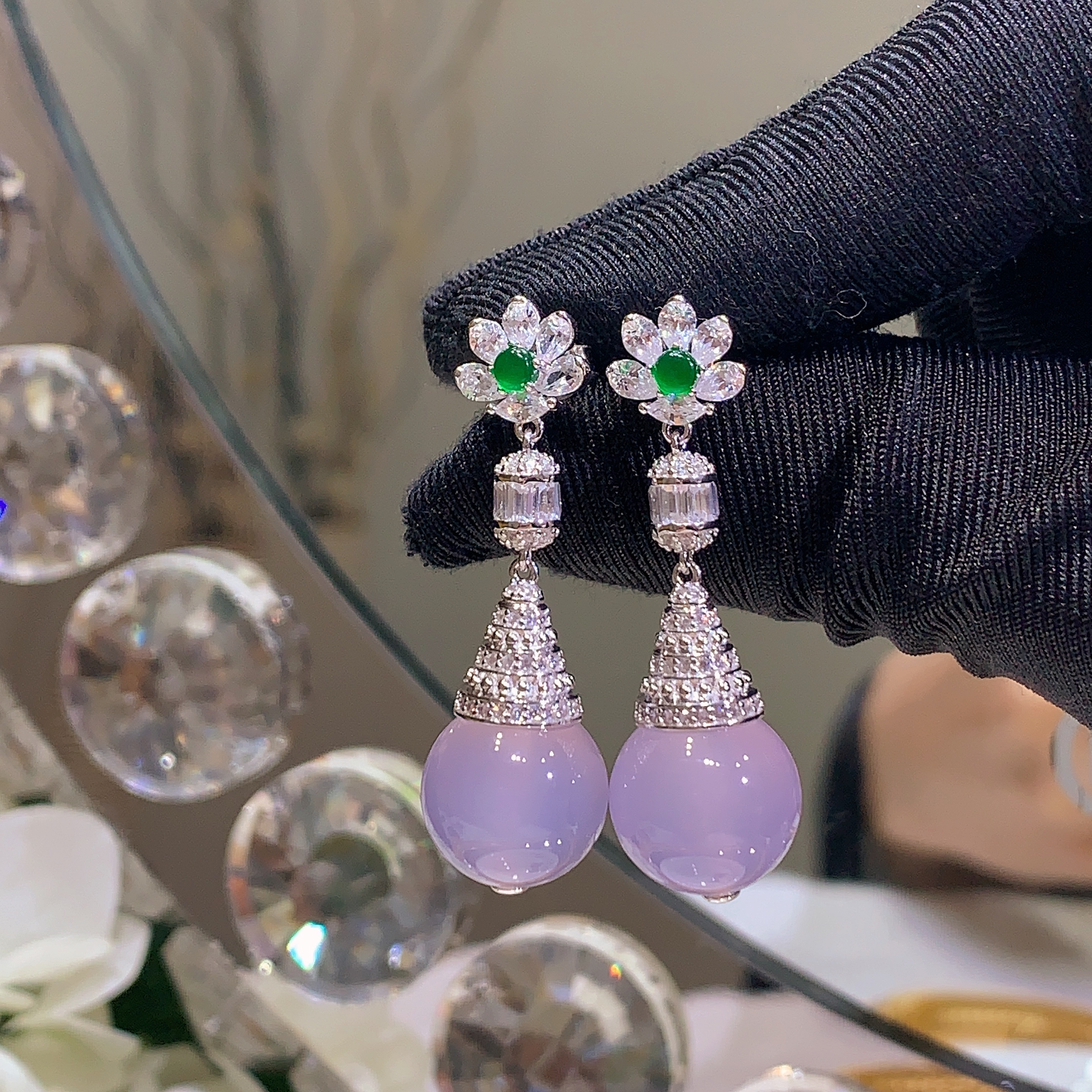 S925银轻奢设计款新中式贵气紫玉髓耳坠女夏季新款紫罗兰圆珠耳饰