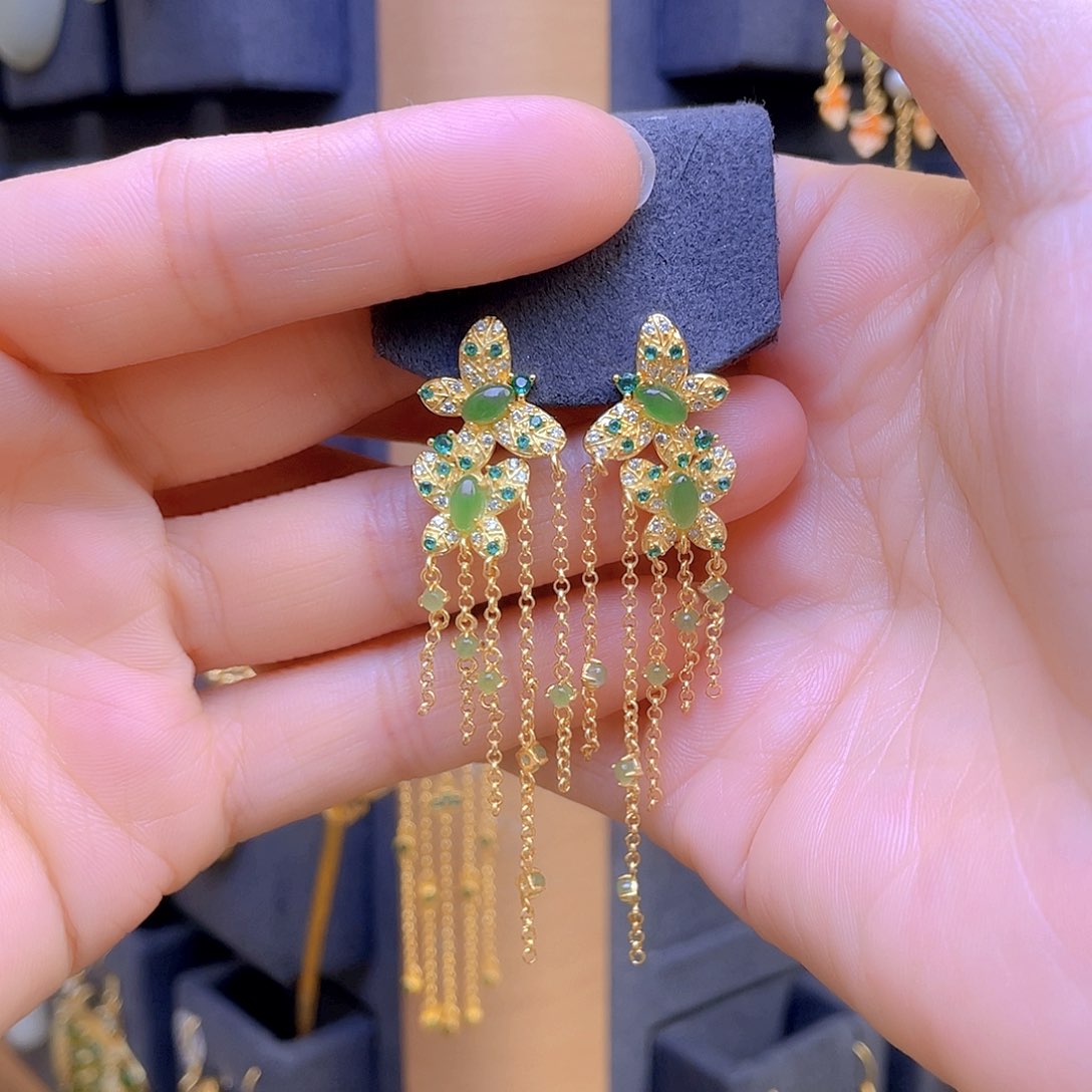 和田玉耳饰银S925镀金镶嵌